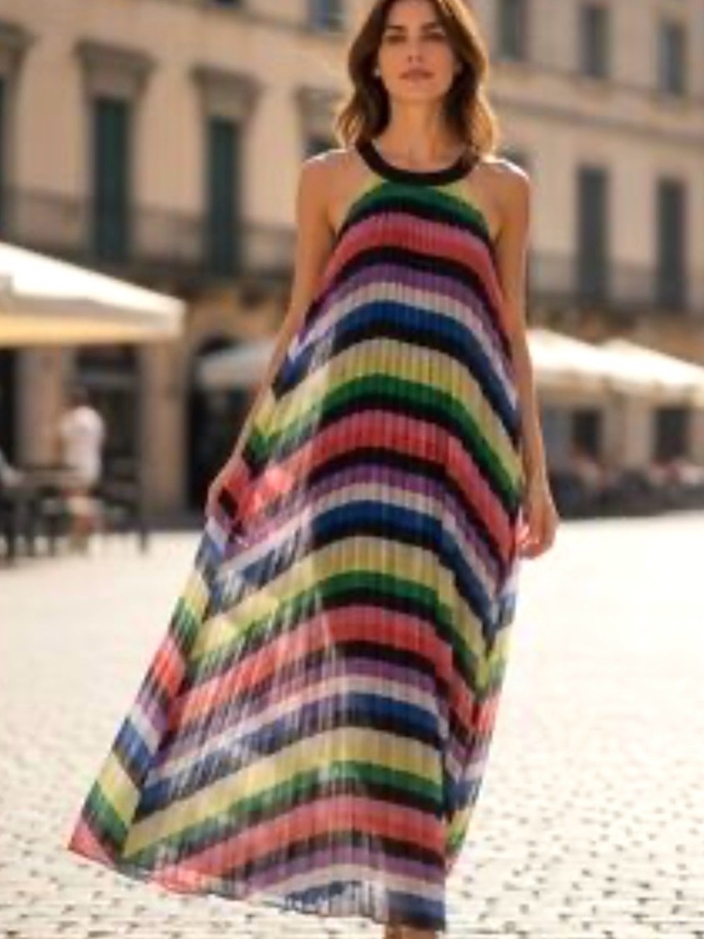 NEW YORK & COMPANY Multicolor Striped Pleated Sleeveless Summer Maxi Dress Sz L